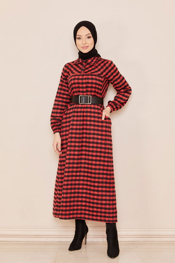 Ekoselı Elbıse KIRMIZI - 3794 Kırmızı - 3794 Kırmızı