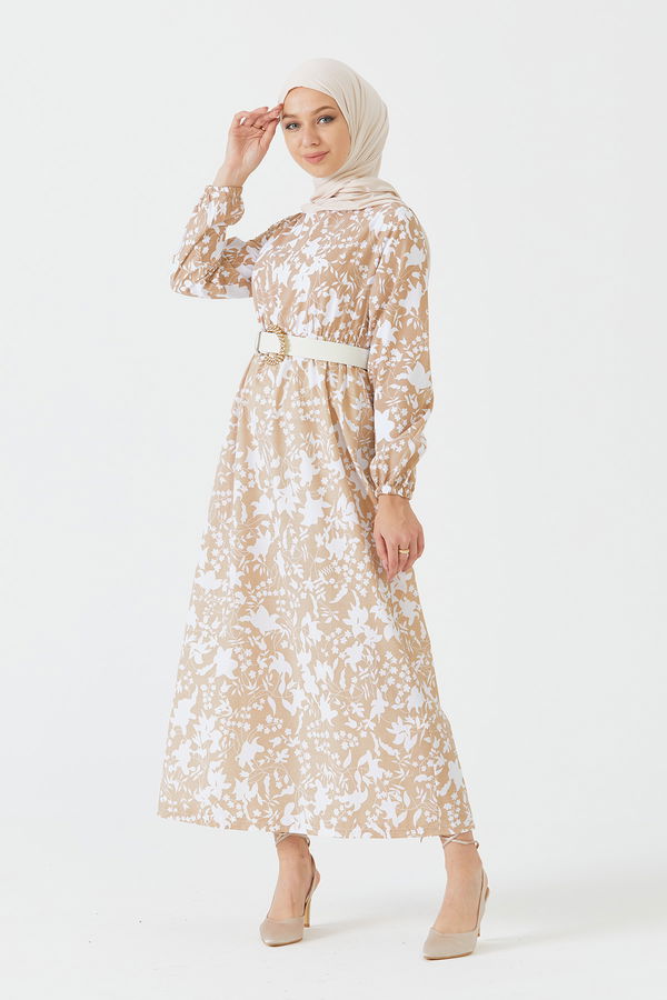 Desenli Elbise Bej - 3714