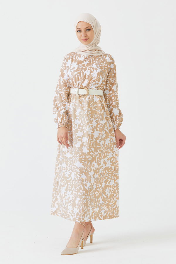 Desenli Elbise Bej - 3714