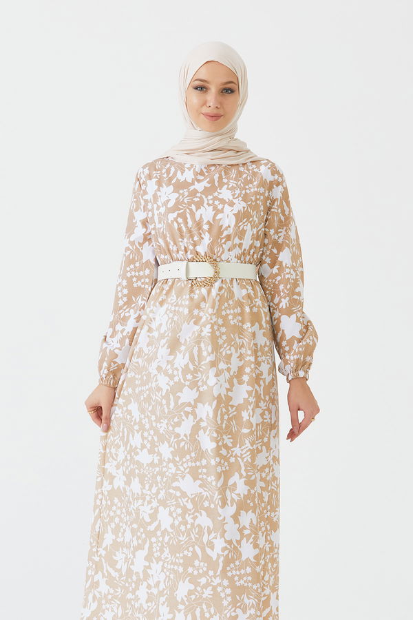 Desenli Elbise Bej - 3714