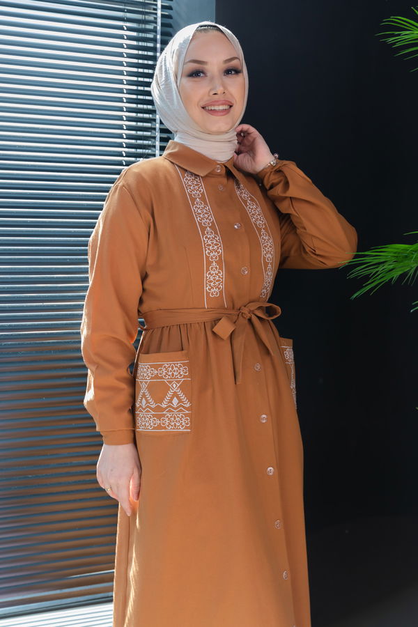 Nakışlı Elbise Taba - 3531
