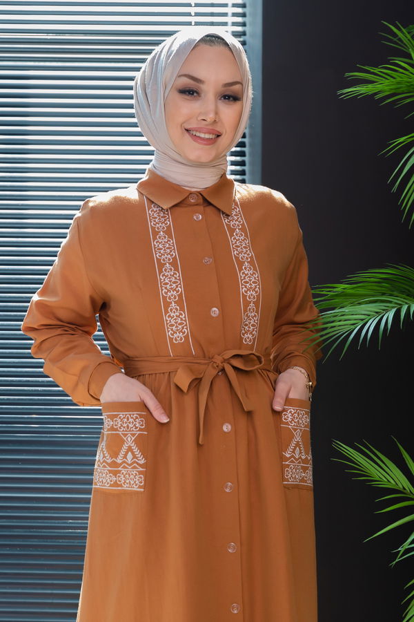 Nakışlı Elbise Taba - 3531