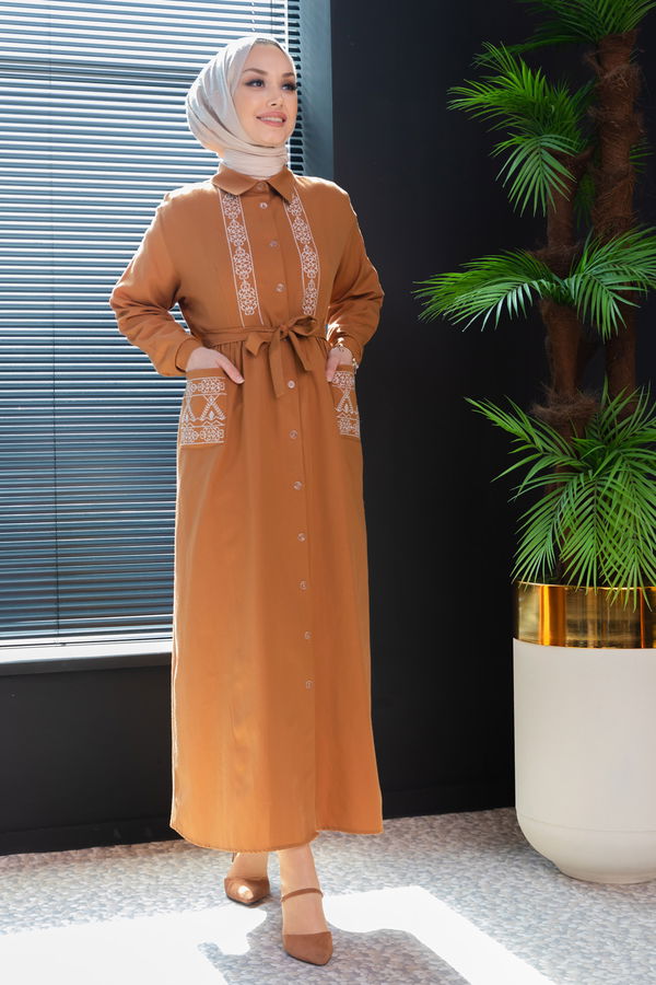 Nakışlı Elbise Taba - 3531