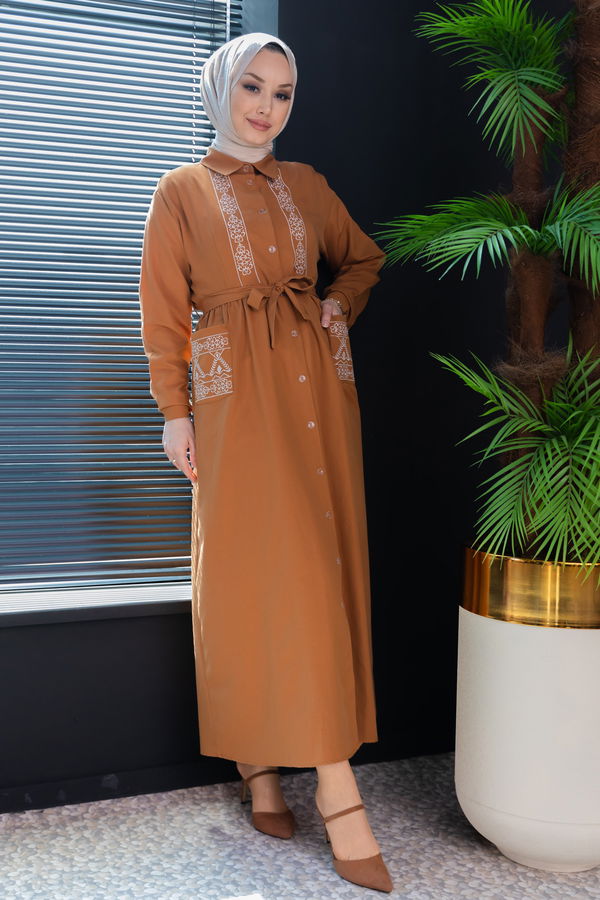 Nakışlı Elbise Taba - 3531