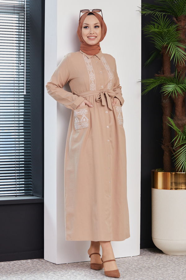 Nakışlı Elbise Bej - 3531