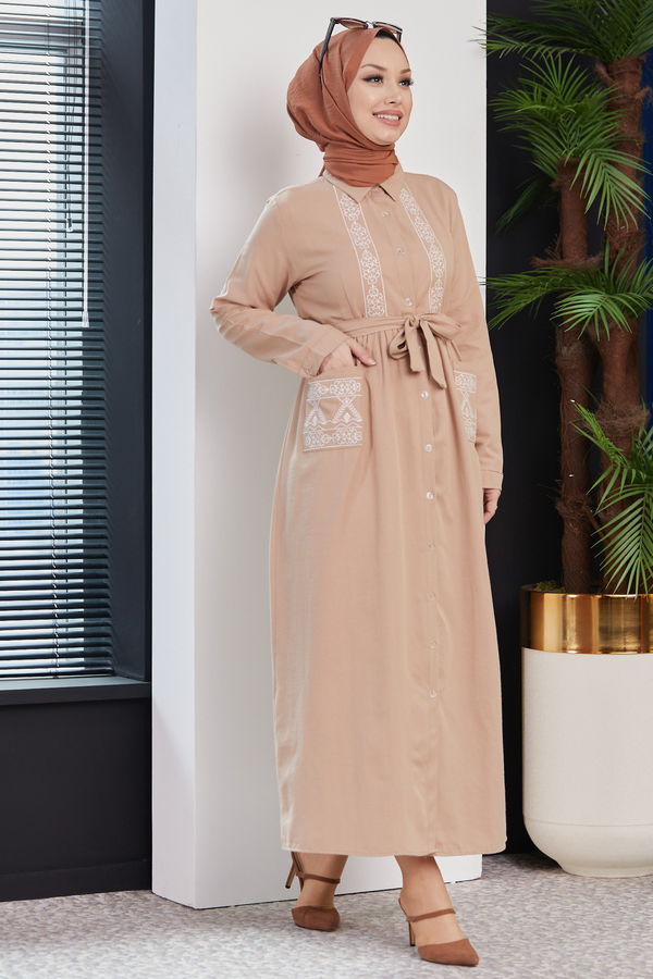 Nakışlı Elbise Bej - 3531