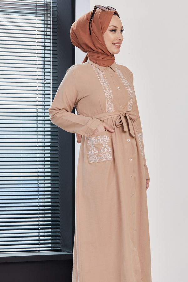 Nakışlı Elbise Bej - 3531