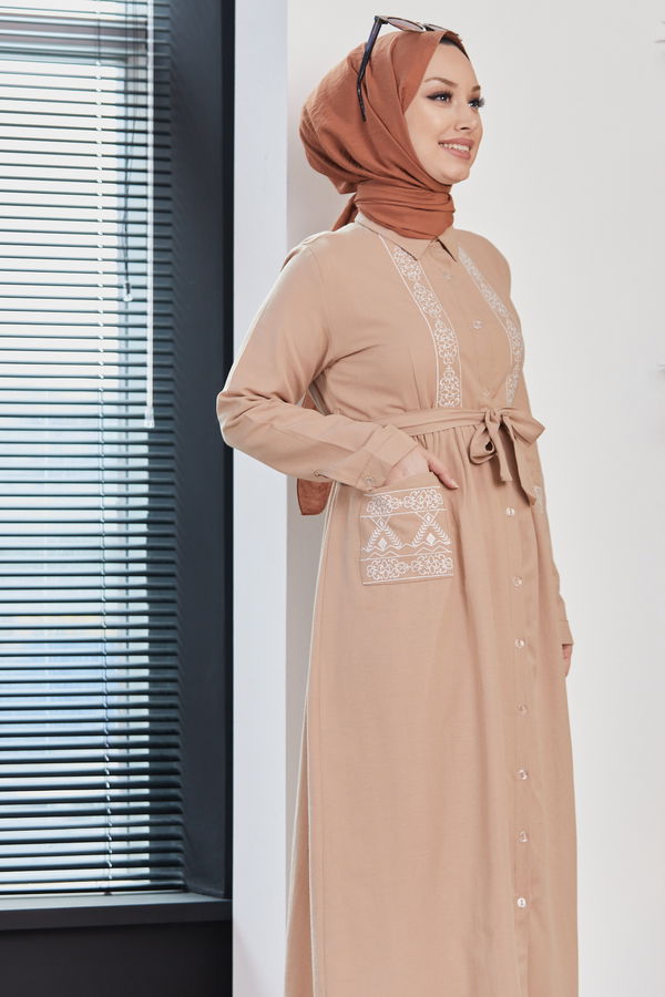 Nakışlı Elbise Bej - 3531