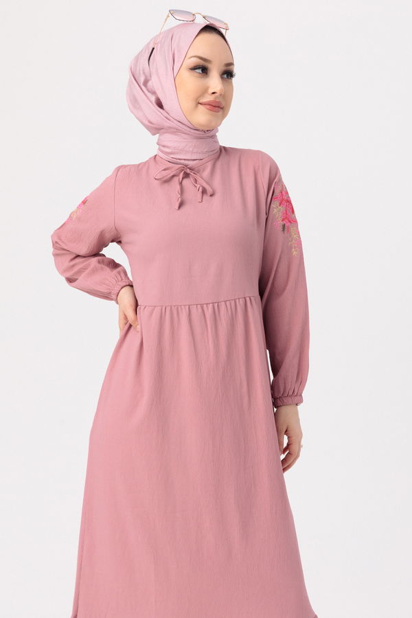 KOL NAKISLI ELBISE Pembe - 3596 PEMBE