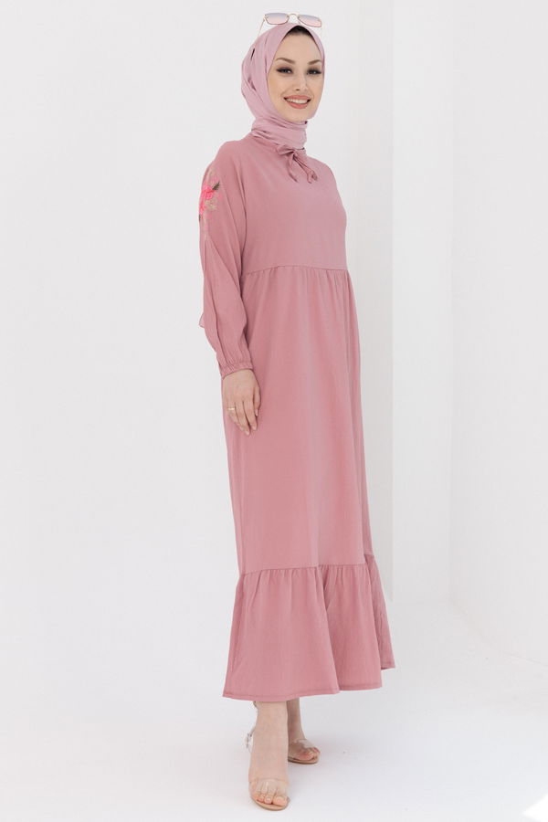 KOL NAKISLI ELBISE Pembe - 3596 PEMBE