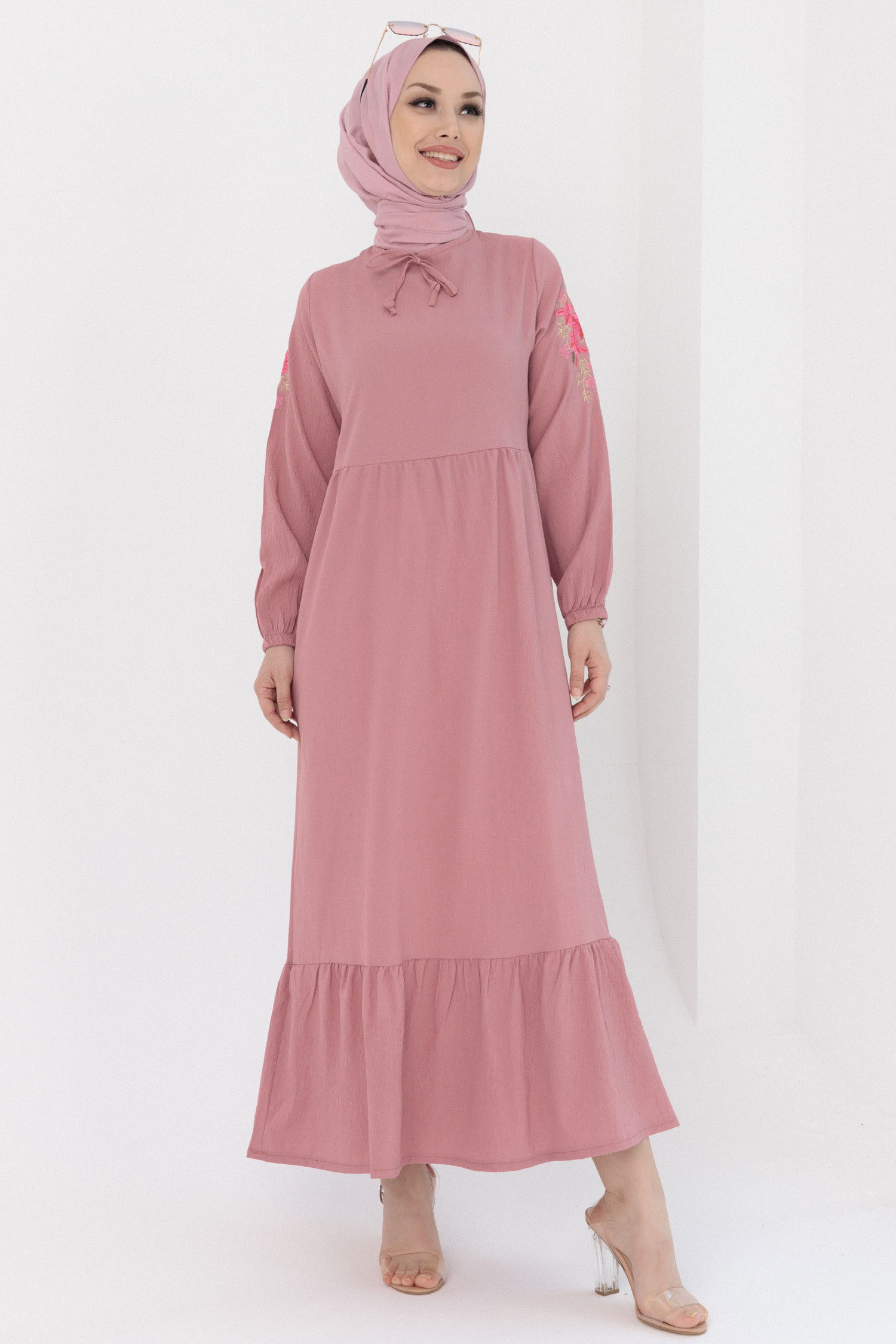 KOL NAKISLI ELBISE Pembe - 3596 PEMBE