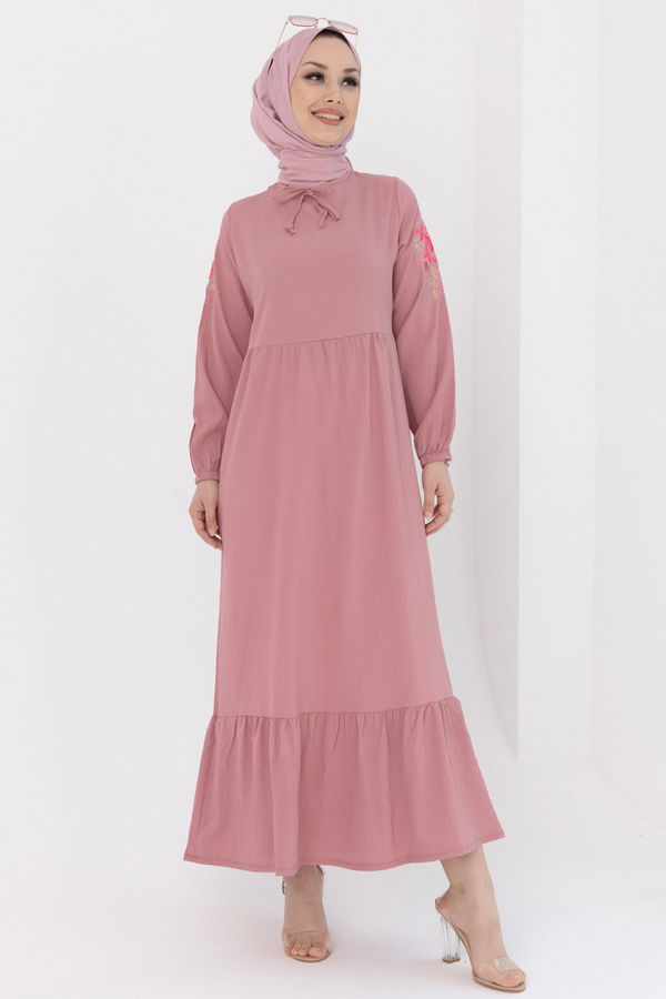 KOL NAKISLI ELBISE Pembe - 3596 PEMBE