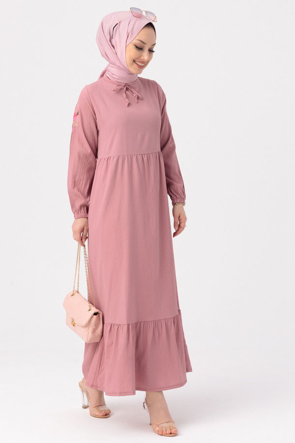KOL NAKISLI ELBISE Pembe - 3596 PEMBE