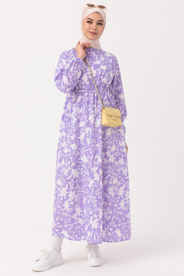 Desenli Elbise Lila - 3714 LİLA