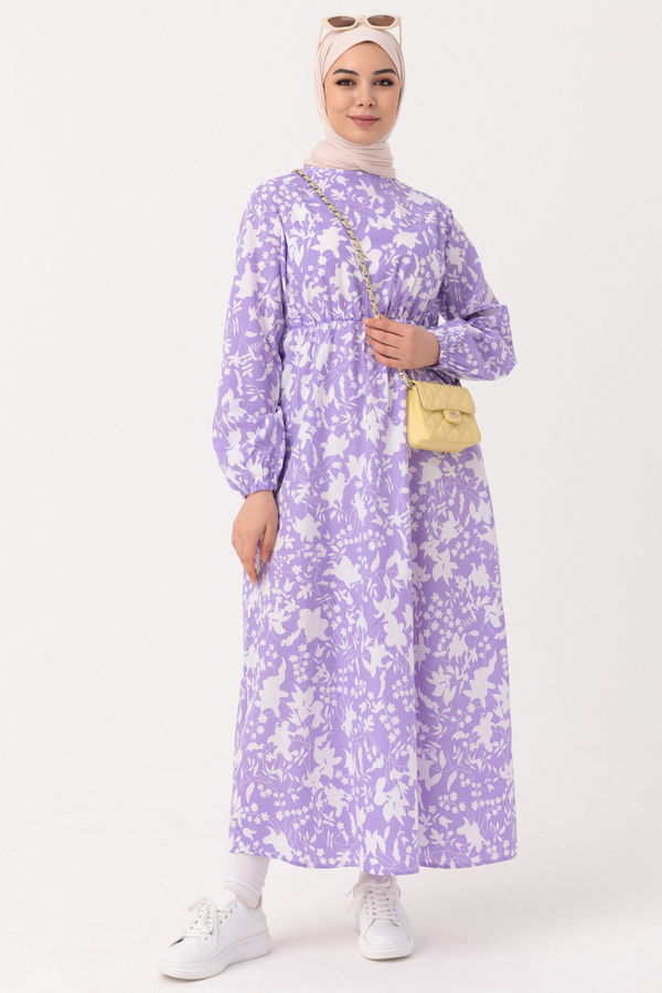 Desenli Elbise Lila - 3714 LİLA