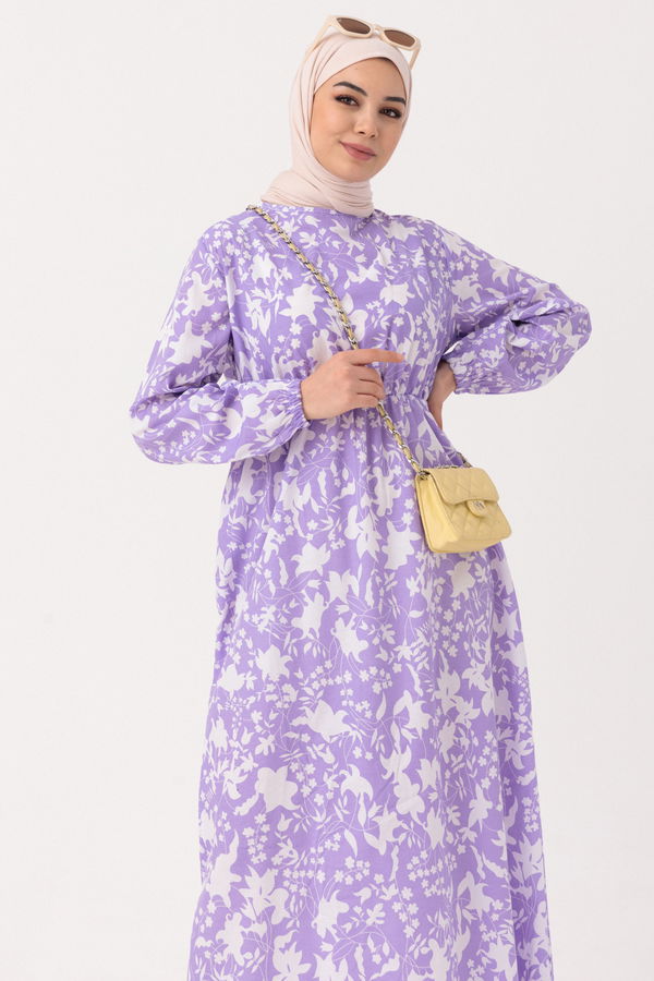 Desenli Elbise Lila - 3714 LİLA