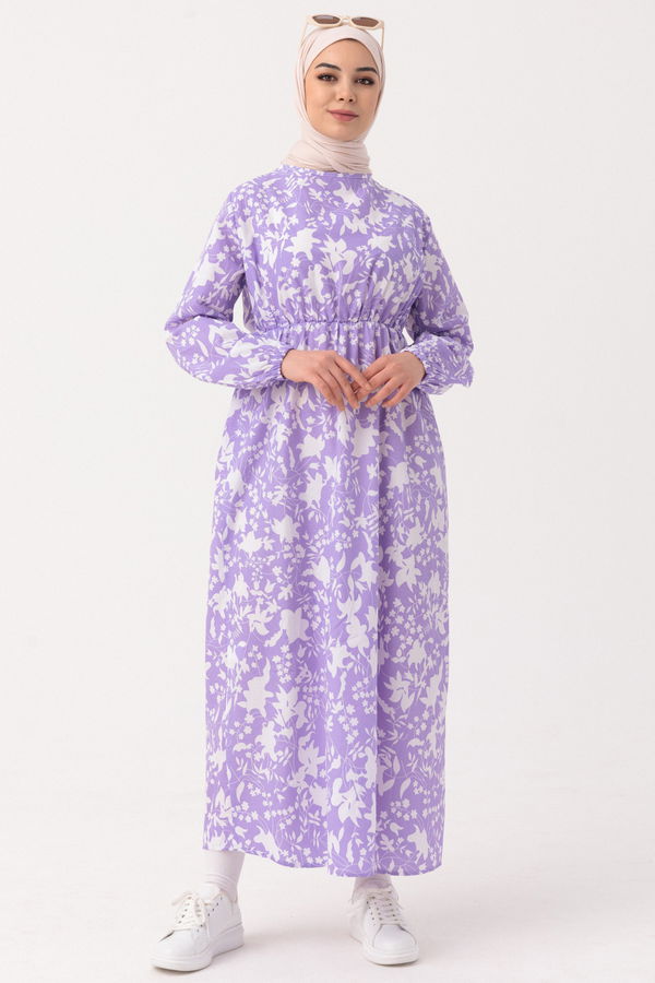 Desenli Elbise Lila - 3714 LİLA