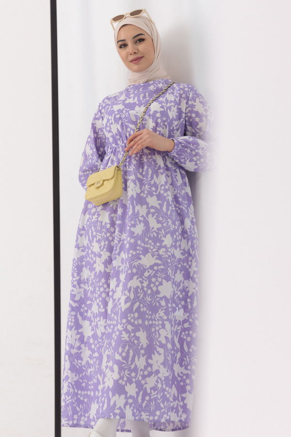 Desenli Elbise Lila - 3714 LİLA