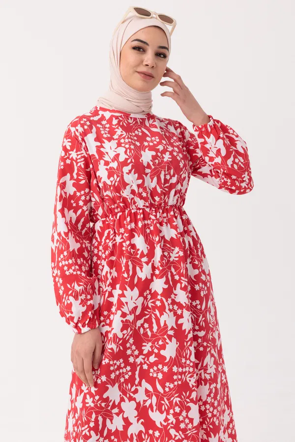 Desenli Elbise Kırmızı - 3714 Kırmızı