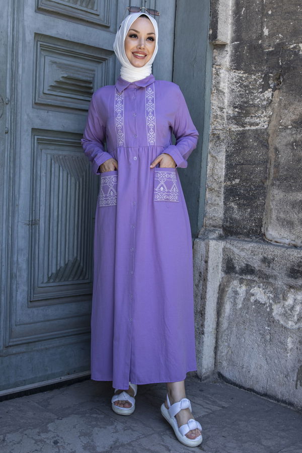 Nakışlı Elbise Mor - 3531 MOR