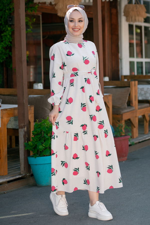 Keten Elbise Pembe - 8884