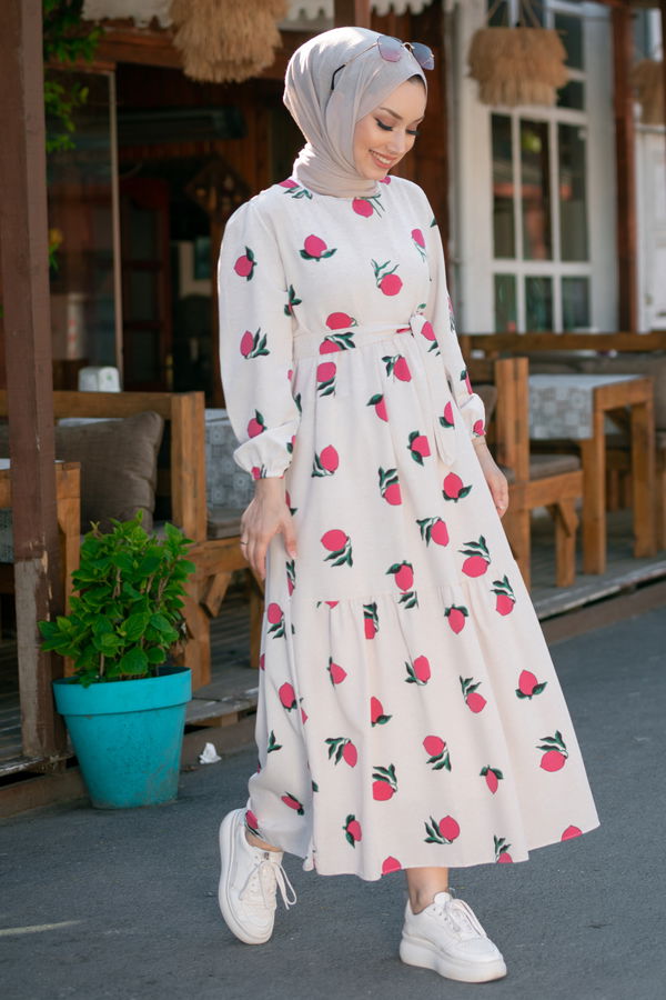 Keten Elbise Pembe - 8884