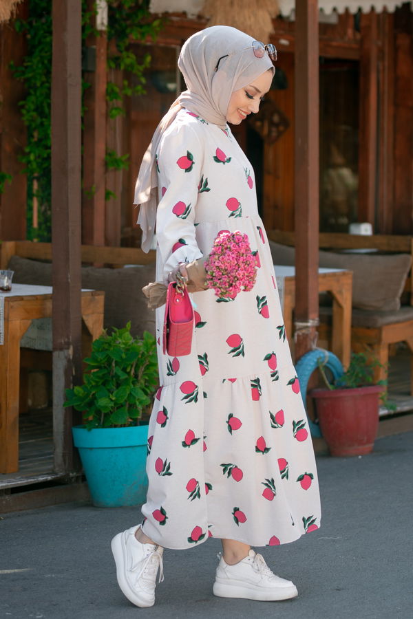 Keten Elbise Pembe - 8884