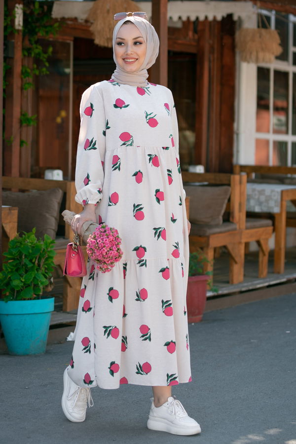 Keten Elbise Pembe - 8884