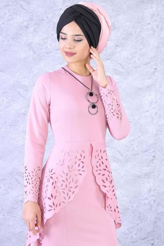 (3 Parça) Elbise, Çanta ve Kolye Kombin - Gülkurusu 02 0658 Pembe - 658 PEMBE