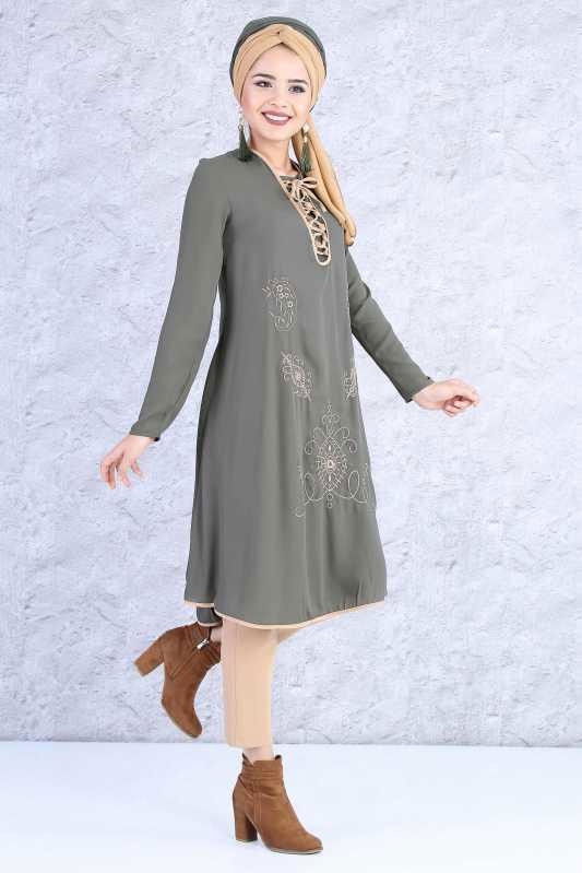 (2 Parça) Tunik Pantolon Kombin - Haki Vizon 02 0815 Haki - 815