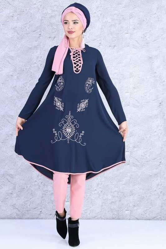 (2 Parça) Tunik Pantolon Kombin - Lacivert Gülkurusu 02 0815 Lacivert - 815