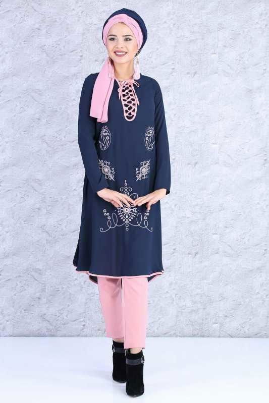 (2 Parça) Tunik Pantolon Kombin - Lacivert Gülkurusu 02 0815 Lacivert - 815