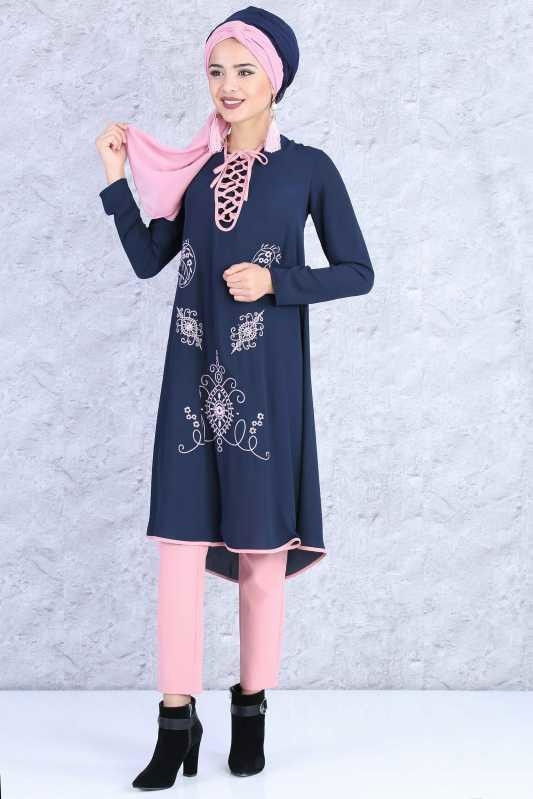(2 Parça) Tunik Pantolon Kombin - Lacivert Gülkurusu 02 0815 Lacivert - 815