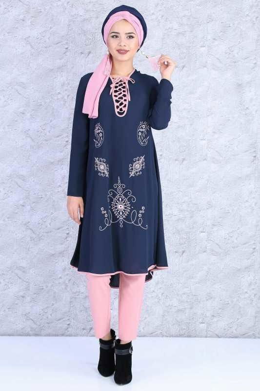 (2 Parça) Tunik Pantolon Kombin - Lacivert Gülkurusu 02 0815 Lacivert - 815