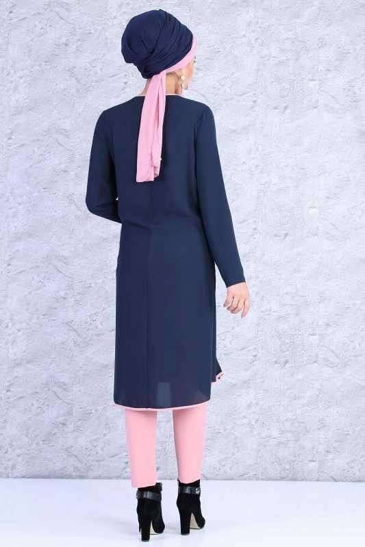 (2 Parça) Tunik Pantolon Kombin - Lacivert Gülkurusu 02 0815 Lacivert - 815