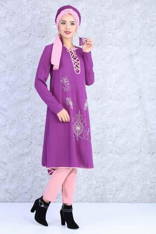 (2 Parça) Tunik Pantolon Kombin - Mor Gülkurusu 02 0815 Mor - 815