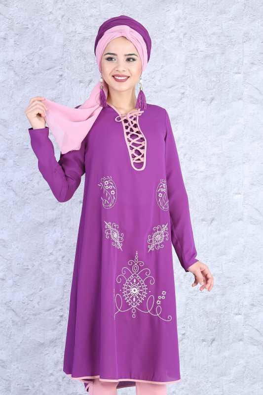 (2 Parça) Tunik Pantolon Kombin - Mor Gülkurusu 02 0815 Mor - 815