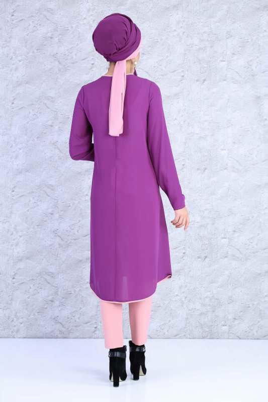 (2 Parça) Tunik Pantolon Kombin - Mor Gülkurusu 02 0815 Mor - 815