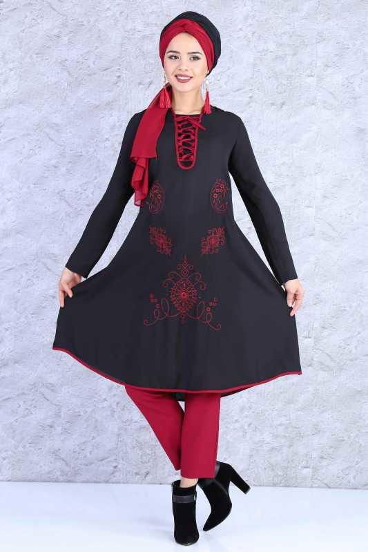 (2 Parça) Tunik Pantolon Kombin - Siyah Bordo 02 0815 Siyah - 815