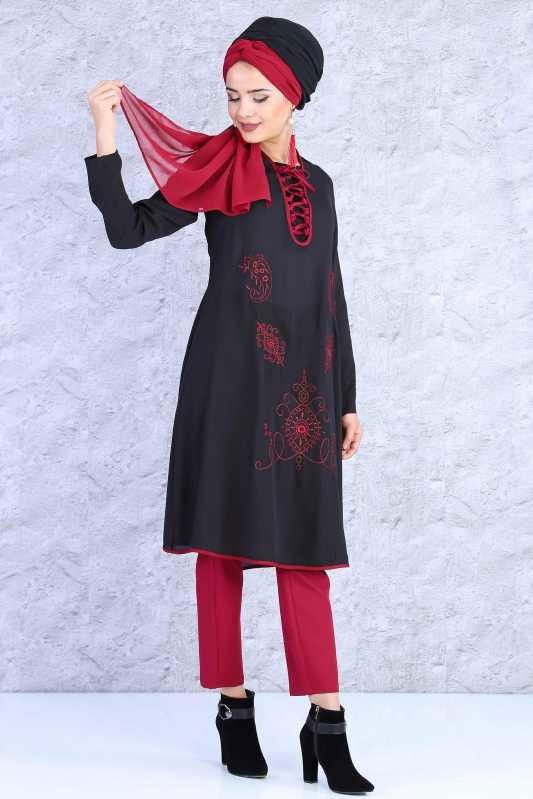 (2 Parça) Tunik Pantolon Kombin - Siyah Bordo 02 0815 Siyah - 815