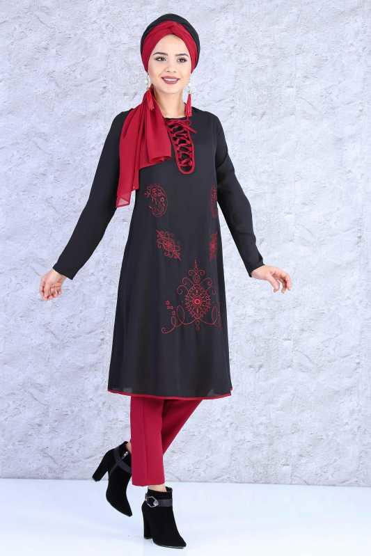 (2 Parça) Tunik Pantolon Kombin - Siyah Bordo 02 0815 Siyah - 815