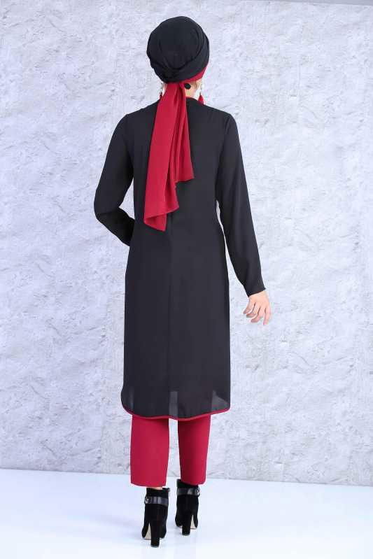 (2 Parça) Tunik Pantolon Kombin - Siyah Bordo 02 0815 Siyah - 815