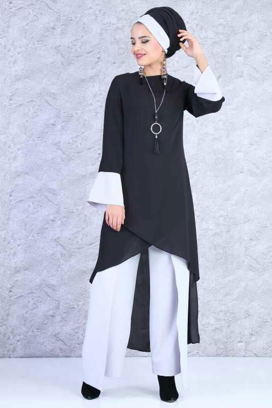 (3 Parça) Tunik, Pantolon, Bone Kombin - Siyah Gri 02 0816 Siyah - 816 SİYAH