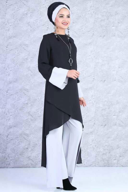 (3 Parça) Tunik, Pantolon, Bone Kombin - Siyah Gri 02 0816 Siyah - 816 SİYAH