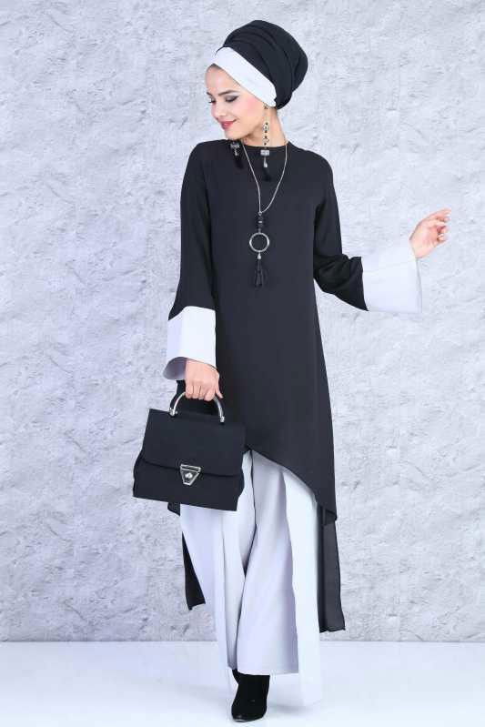 (3 Parça) Tunik, Pantolon, Bone Kombin - Siyah Gri 02 0816 Siyah - 816 SİYAH