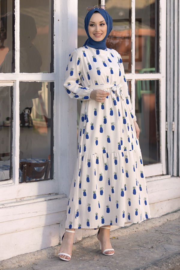Desenli Elbise Mavi - 21024