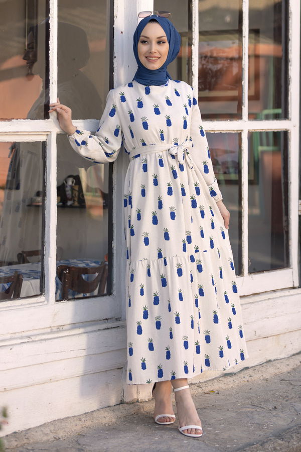 Desenli Elbise Mavi - 21024
