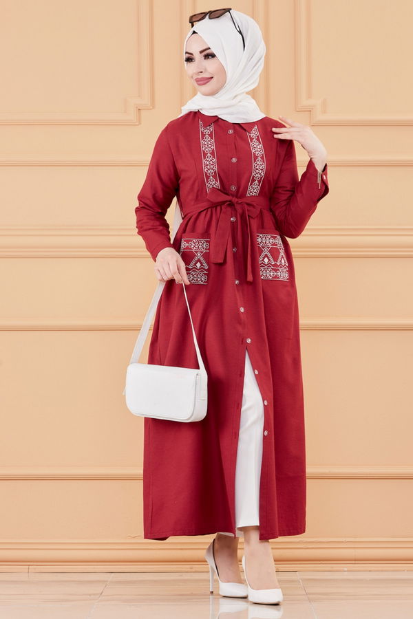 Nakışlı Elbise Bordo - 3531
