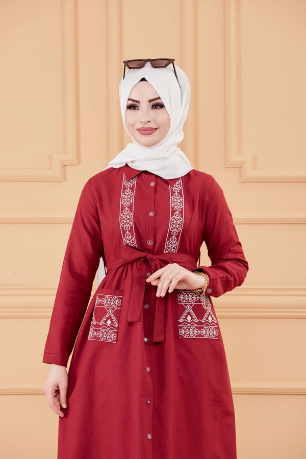 Nakışlı Elbise Bordo - 3531