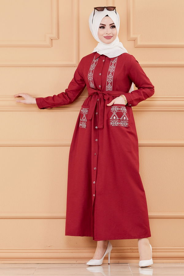 Nakışlı Elbise Bordo - 3531